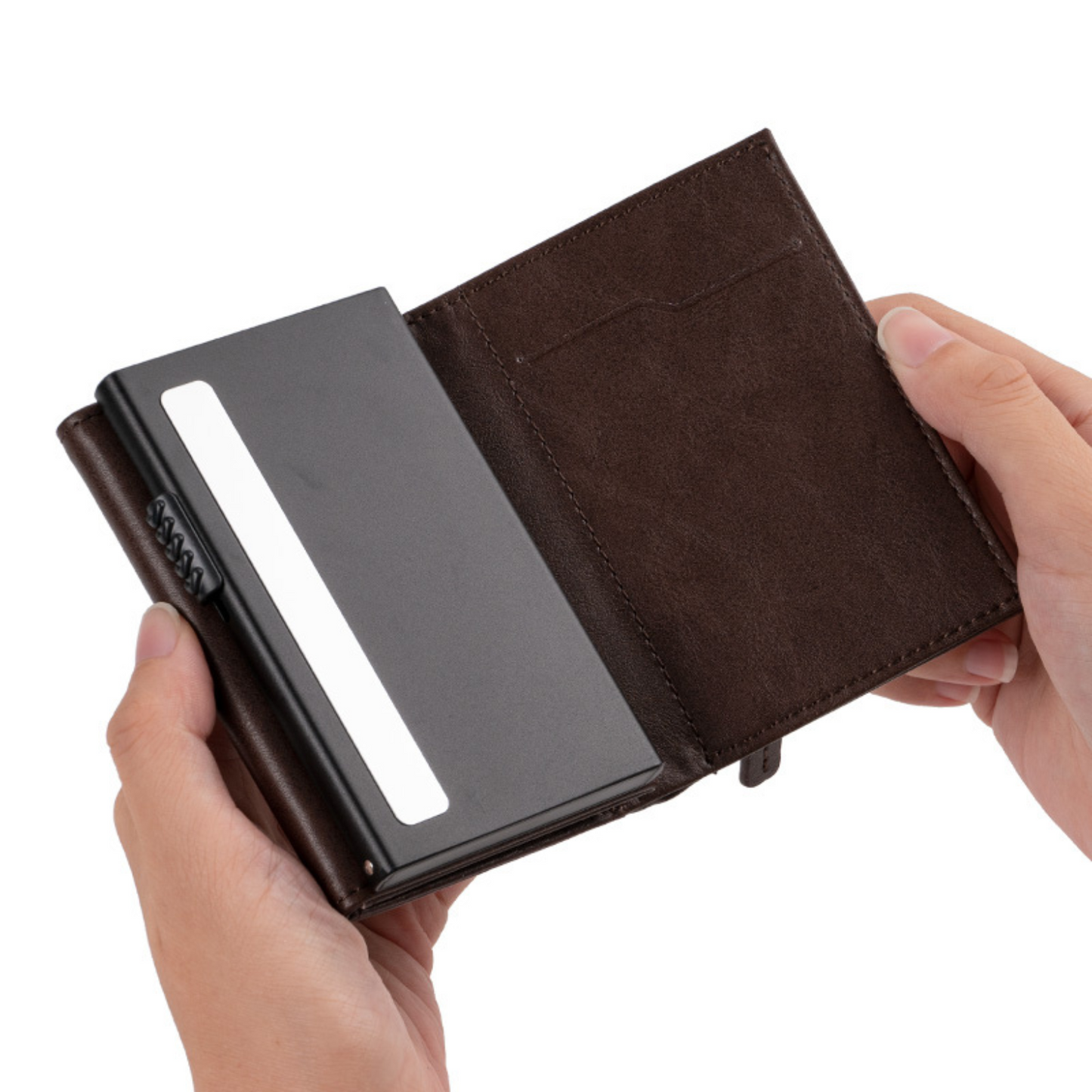Trifold Leather RFID Pop-Up Wallet with Coin Pocket